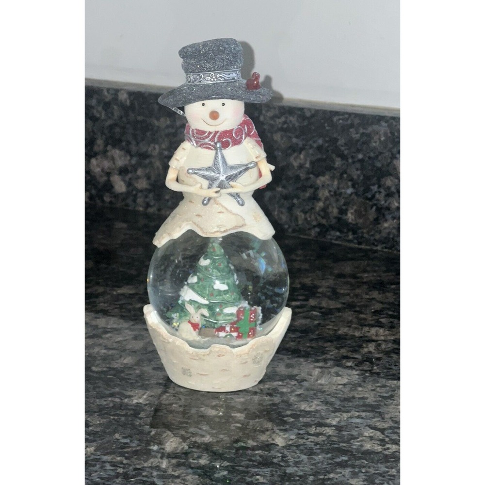 Birch Hearts Christmas Spirit Snowman Figurine with Water Globe Holding Star 8"H